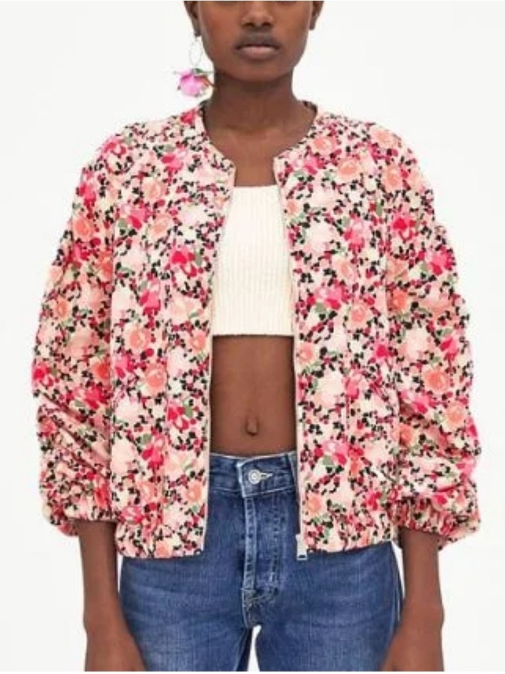Zara  Bomber Jacket Pink Floral Ruched Sleeves Y2K Size M